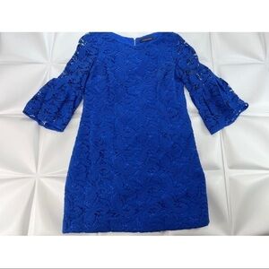 Cynthia Steffe Sz 10 Blue Crochet Lace Mini Sheath Dress Bell Sleeves Cocktail